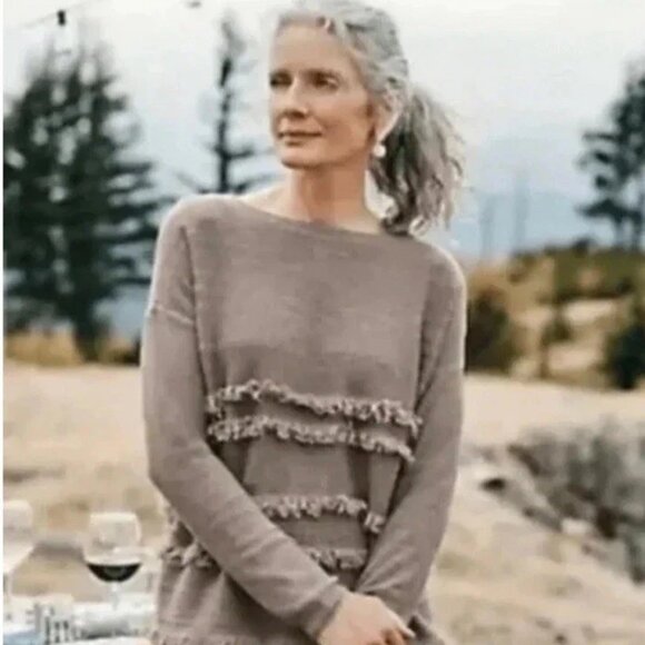 J. Jill Sweater Petite S FAYE Lightweight Thin Knit Mocha Brown Fringe Boxy - Picture 1 of 7